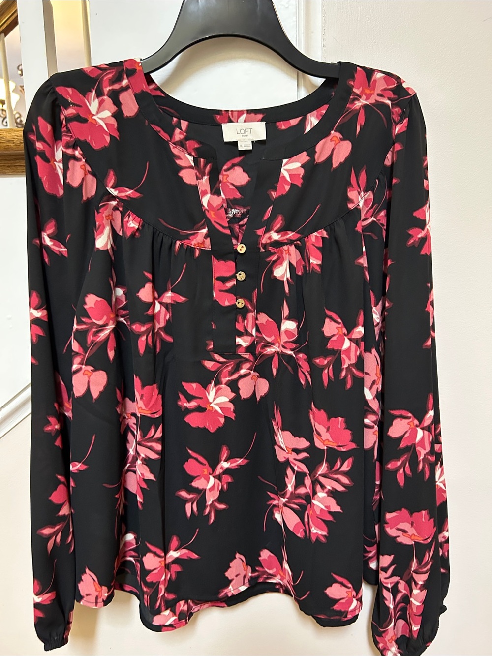 LOFT Outlet XL Black Blouse with Pink Floral Print